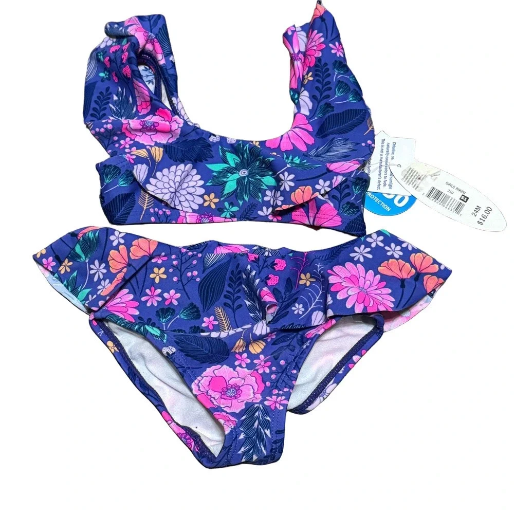 Wave Zone Toddler Floral Kids Swim Set Purple Blue Pink Two Piece Size 24M